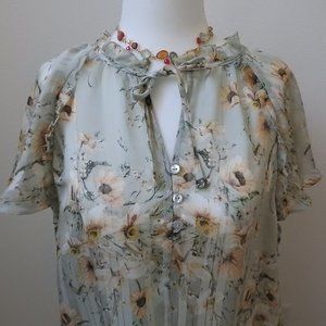 H&M Size 4 Green Flower Ruffles Print Top Blouse